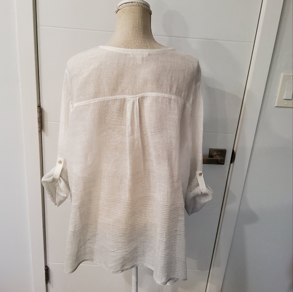 Eileen Fisher Linen White Silver Striped Button-Up Blouse Size 2X - Picture 7 of 12